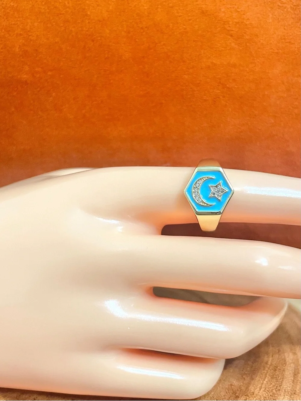 Turquoise Enamel and CZ Moon and Star Gold Filled Adjustable Ring NWOT